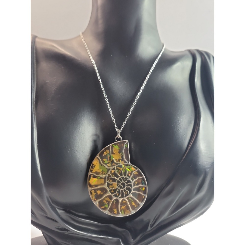 Nautilus Shell Pendant Necklace Iridescent Opal Foil Resin Spiral Sea Life Silve
